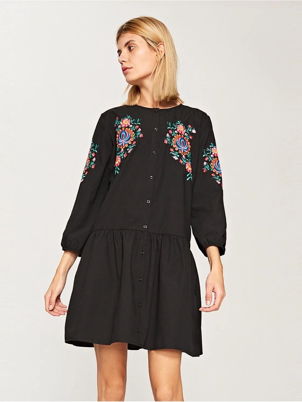 Reserved Black Cotton Drop Waist Dress Tunic Colorful Floral Embroidery Size 6